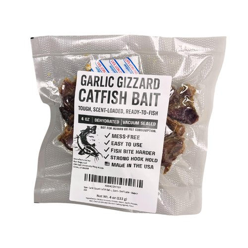 Garlic Gizzard Catfish Bait – Tough Dehydrated Chicken Gizzards That Stay on The Hook – Strong Garlic Scent – Shelf Stable – Made in USA