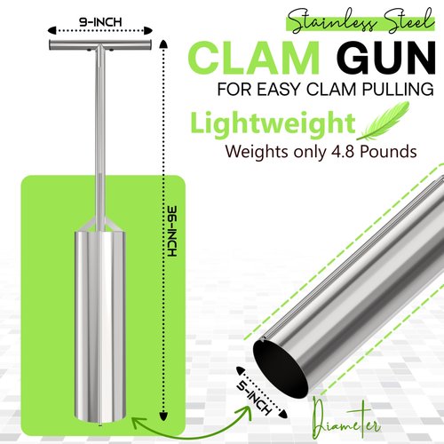 SturdyShape Clam Gun for Clamming Stainless Steel with Vent V4 36 Inch and 5 Inch Tube Diameter HD for Recreational Clam Diggers & Harvesters (V4 36inch)