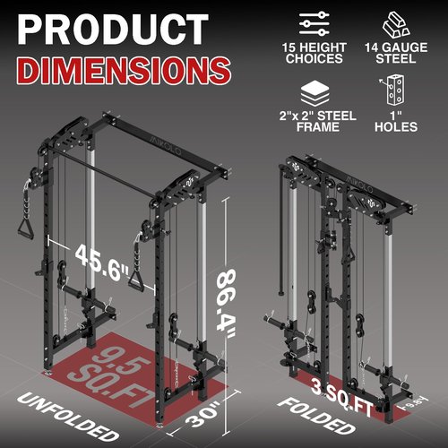 Mikolo Folding Squat Rack, Wall Mounted Power Rack with Cable Crossover Machine & LAT Pull Down, Functional Trainer with 5 Adjustable Function Modes, for Home Gym and Space Saving (Black)