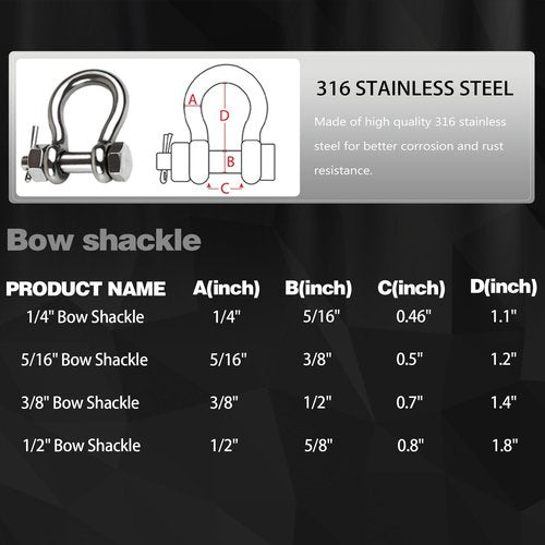 Laorde Boat Anchor Shackle 1/4" 5/16" 3/8" 1/2 inch (4 Size) 316 Stainless Steel Shackle Marine Grade Bow Shackle with Cotter Pin (5/16 inch 2 PCS)