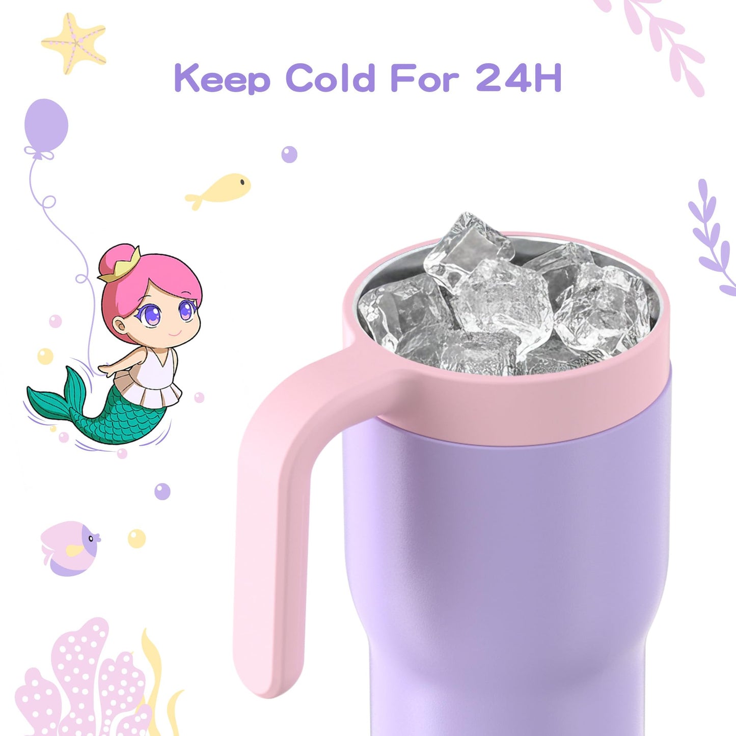 OISIZ 14oz Kids Tumbler with Straw Lid & Handle,Kids Cup with Animal Accessory for School,Kids Water Bottles with Dust-proof Cover,Leakproof Water Bottles,316 Stainless Steel,Keep Cold 24 Hours-purple