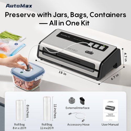 FRESKO Food Vacuum Sealer with Automatic Bag Detection, Double Heat Seal, Built-in Bag Roll Storage & Cutter, 2 Rolls Bags, Starter Kit