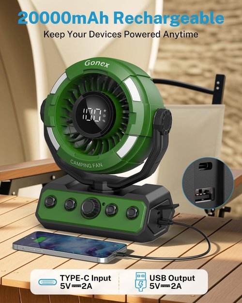 Gonex Camping Fan, Portable Fan Rechargeable 20000mAh Battery Powered Variable Speed Control Desk Fan with Light & Remote for Camping, Travel, Bedroom, Home, Fishing, Jobsite - Green