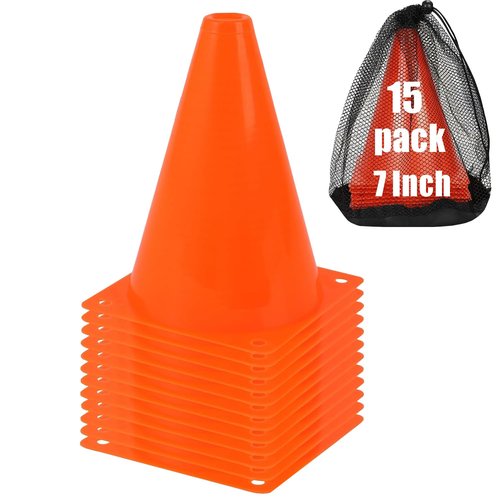 7 Inch Soccer Cones with Carry Bag,15 Pcs Sports Training Cones, Basketball Football Skating Drills Cones, Small Plastic Agility Marker Cone For Indoor and Outdoor Games,Orange Mini Traffic Cones