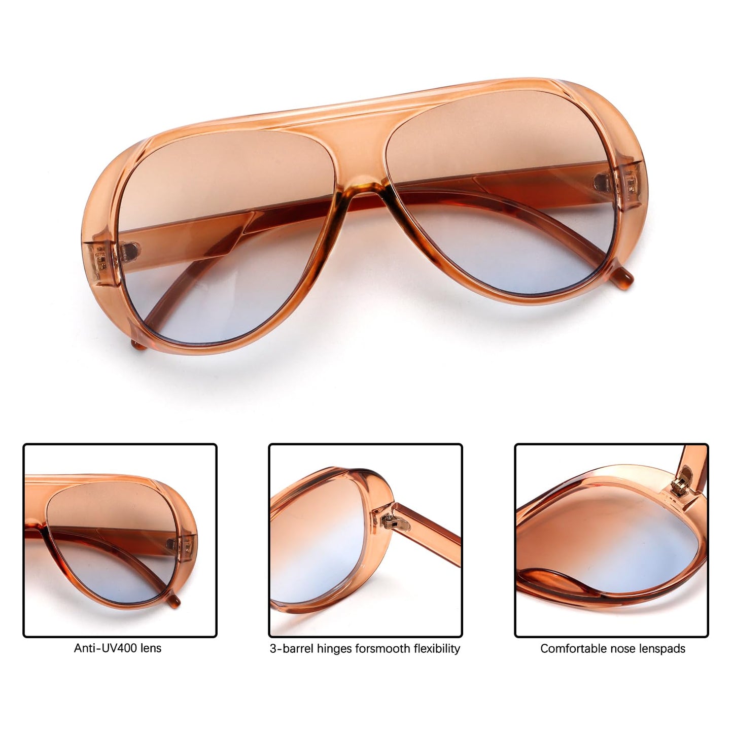 TYA Trendy Aviator Sunglasses for Women Men, Retro 70s Sun Glasses, Oversized glasses UV400 Blue Gradient Brown