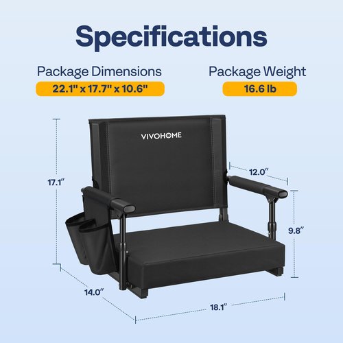 VIVOHOME Stadium Seats with Back Support and Cushion, 2 Pack Portable Bleacher Chairs with Cup Holder and Shoulder Strap, Black