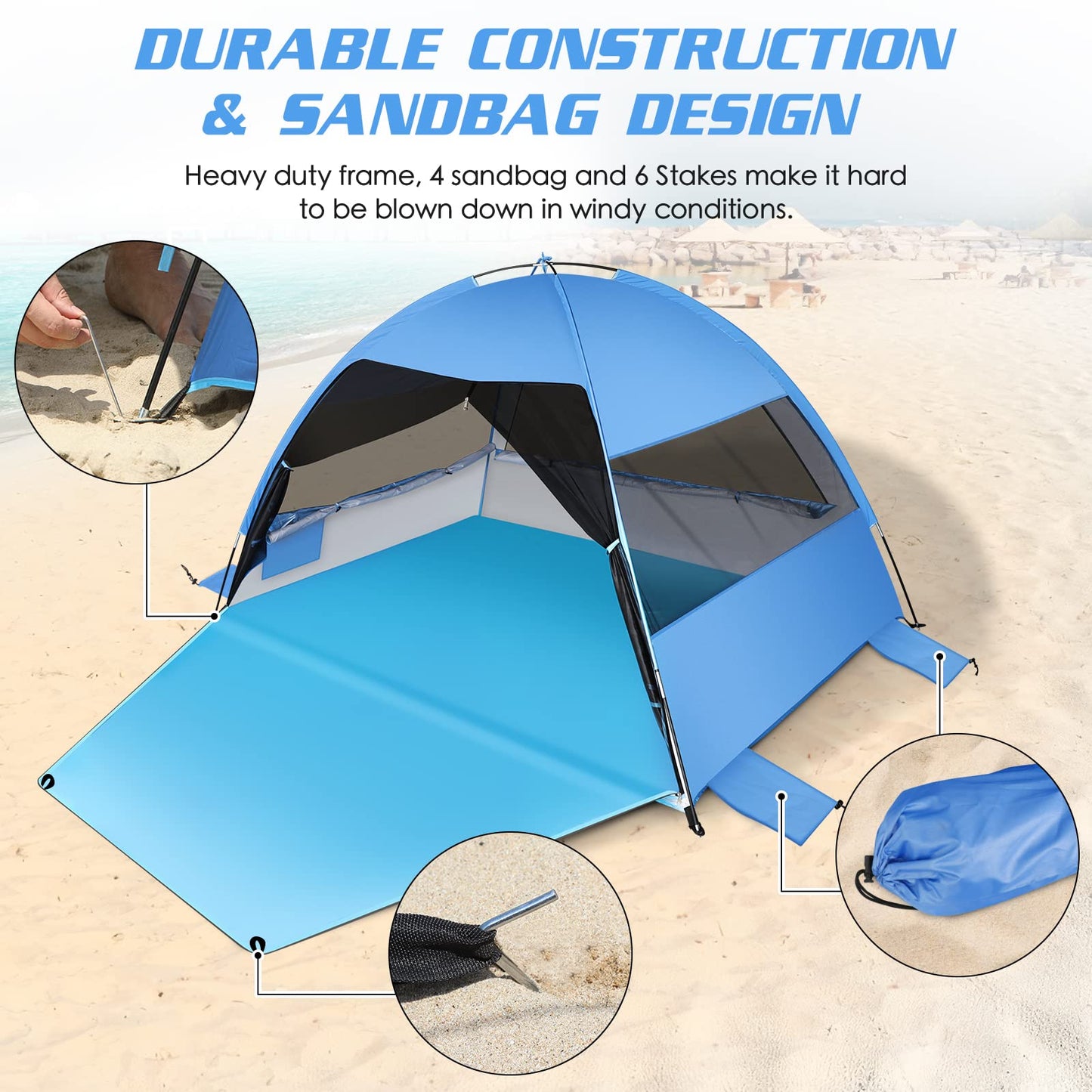 Large 3-4 Person Beach Tent - UPF 50+ Anti-UV, Easy Setup with Extended Floor & Mesh Windows, Portable for Camping Fishing (Blue)