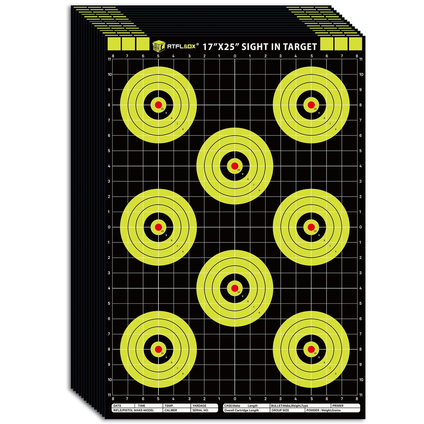 Atflbox Sight in Shooting Range Paper Target, 17X25 Inch High Visibility Bullseye Shooting Targets Suitable for Handgun, Rifle, Pellet Gun, Airgun, BB Guns, Airsoft (25 Pack)
