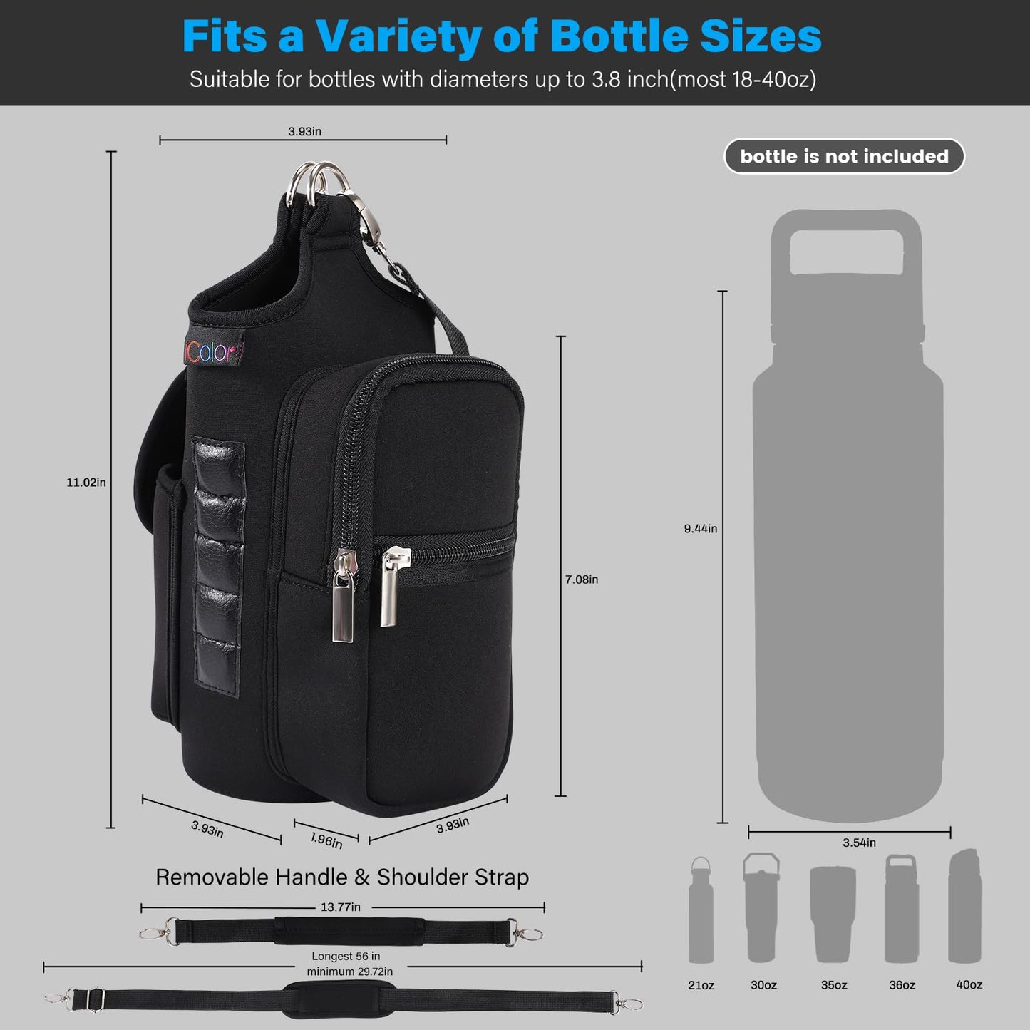 icolor Magnetic Gym Bag Water Bottle Holder with Phone Pockets & Shoulder Strap,Sling Gym Magnetic Bag 5 Built-in Magnets Bottle Pouch Carrier Sleeve Gym Accessories Organizer for Men Women