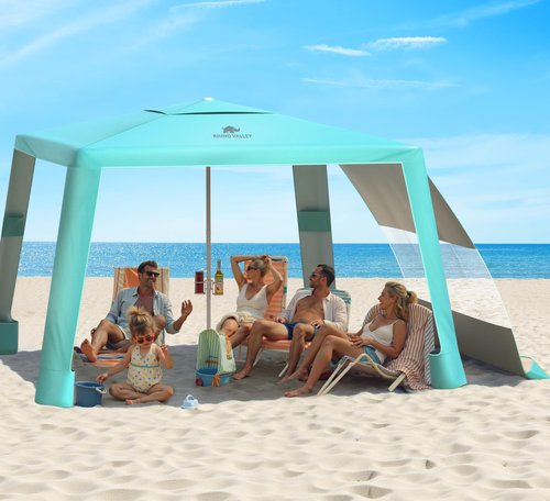 Rhino Valley Beach Cabana, 8*8FT Beach Tent UPF50+ Protection, Easy Setup Beach Canopy Wind Resistant with Cup Holder, Compact Beach Shade Foldable Beach Tent Sun Shelter for Whole Family Friend,Green