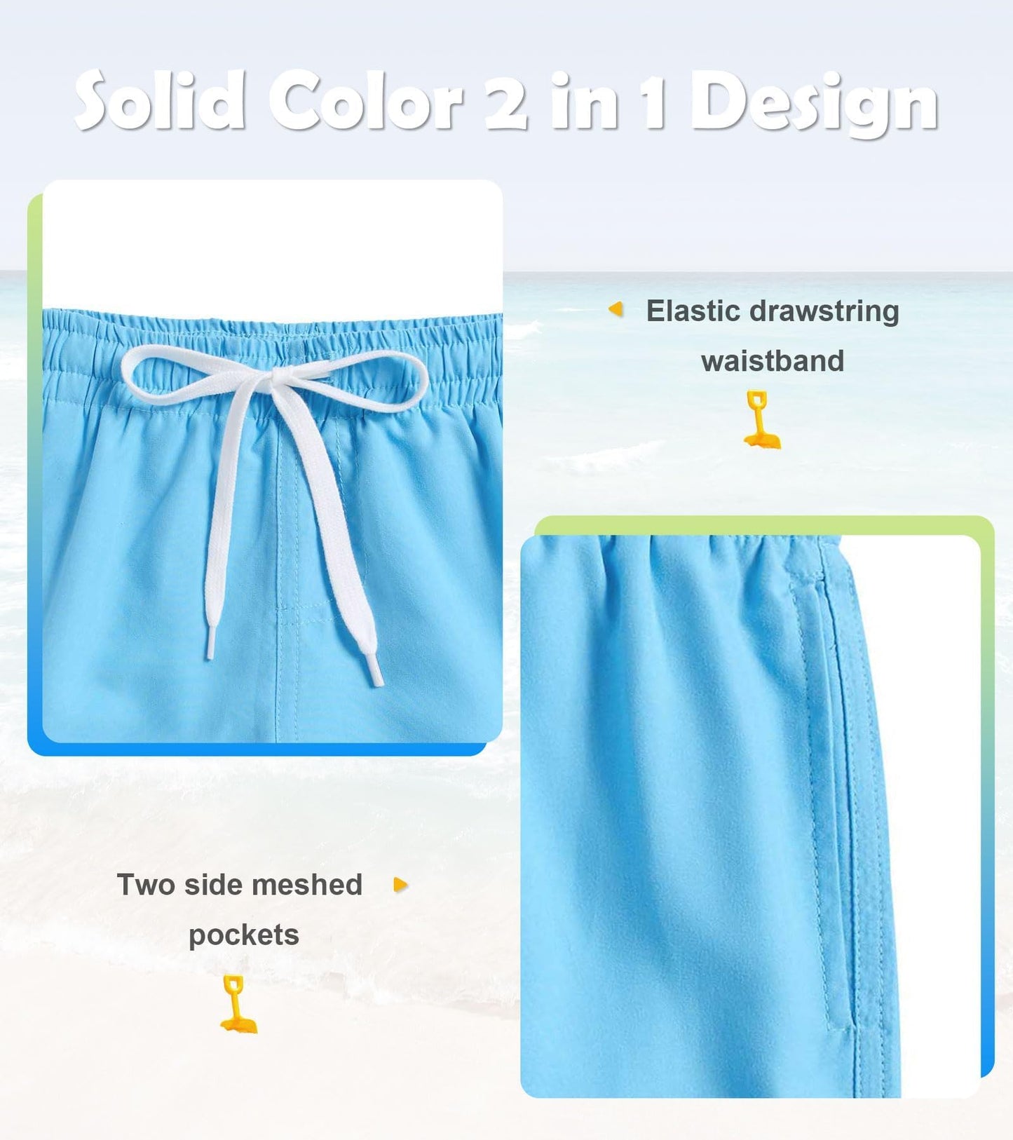 Cozople Youth Boys Swim Trunks Size 8 Baby Blue Bathing Suit with Compression Liner Anti-Chafe Swim Shorts Quick Dry Swimwear