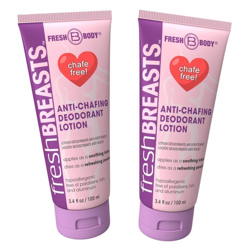 Fresh BREASTS Anti-Chafing Deodorant Cream to Powder for Under Boobs, Inner Thighs - Lotion Made without Talc, Aluminum, Parabens or Added Fragrance - 3.4 Fl Oz (2 Pack)