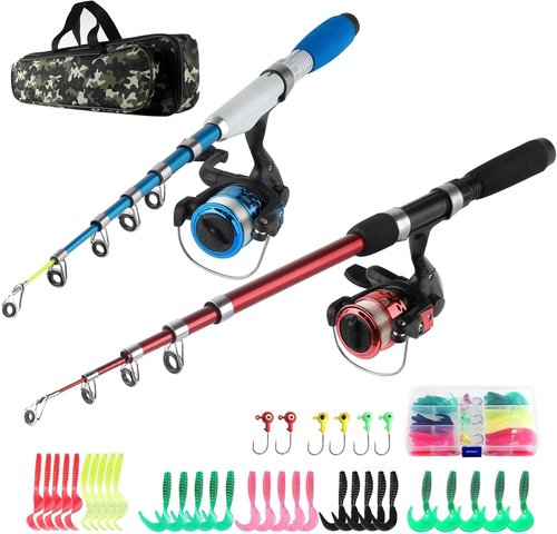 Fishing Rod and Reel Combos Collapsible Fishing Rod Kit,2PCS Telescopic Fishing Pole Kit,1.3M&1.6M Fishing Rods+2PCS Spinning Reels+Lures Hooks+Fishing Bag,Fishing Kit for Kids Family