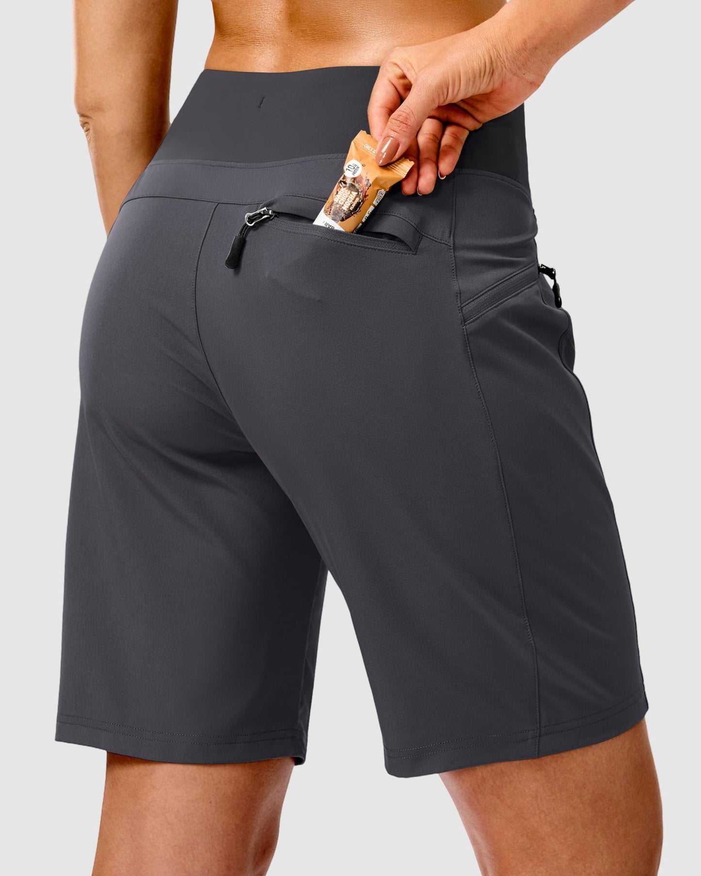 SANTINY Women's 9" Hiking Shorts with 3 Zipper Pockets Lightweight Quick Dry Long Shorts for Women Athletic Travel (Dark Grey_S)