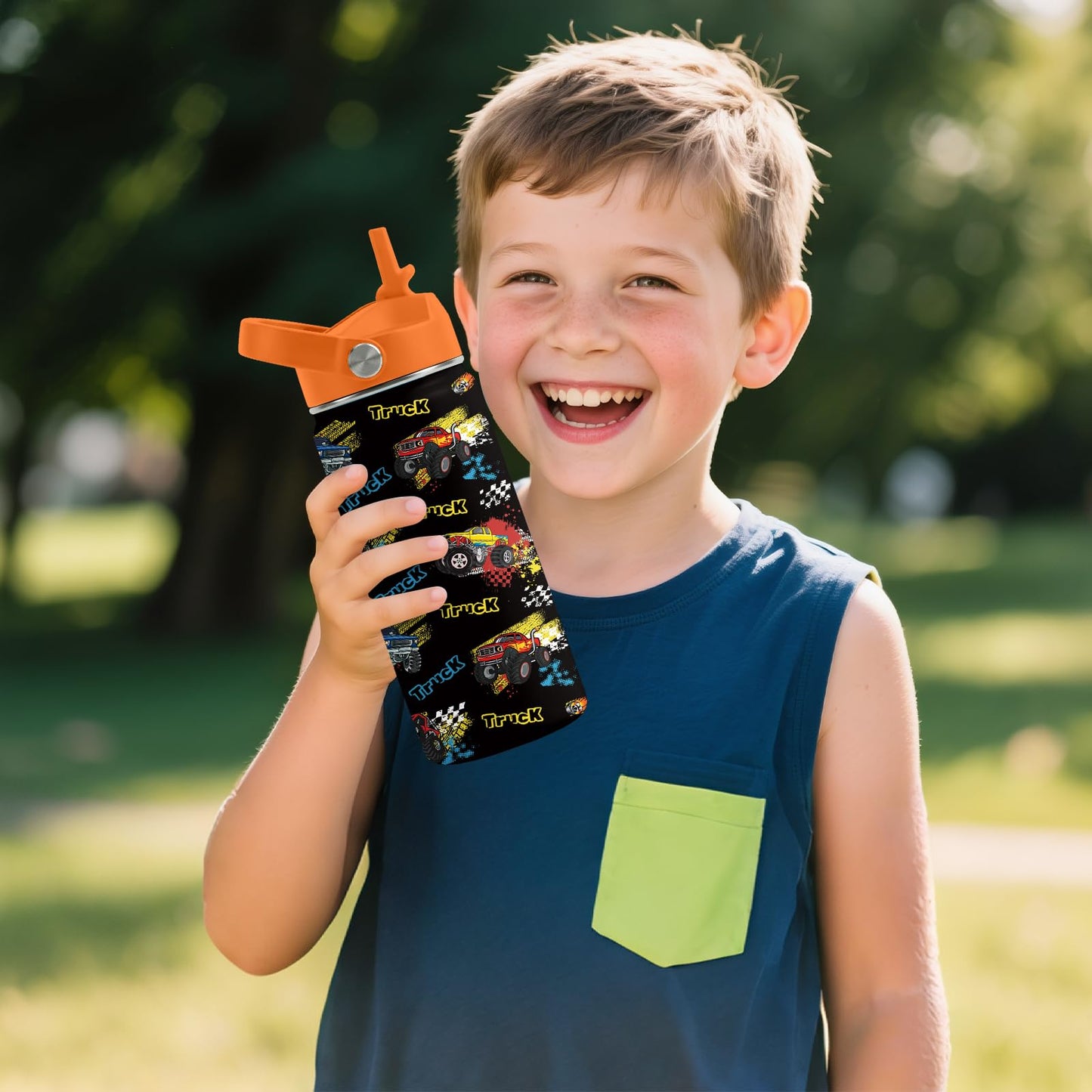 Monster Truck Gifts for Kids, 16oz Boys Water Bottle with Straw Lid, Stainless Steel Insulated Cup, BPA-Free, Leak Proof Kids Water Bottle for Monster Truck Fans, School Travel Birthday Gift (1pc)