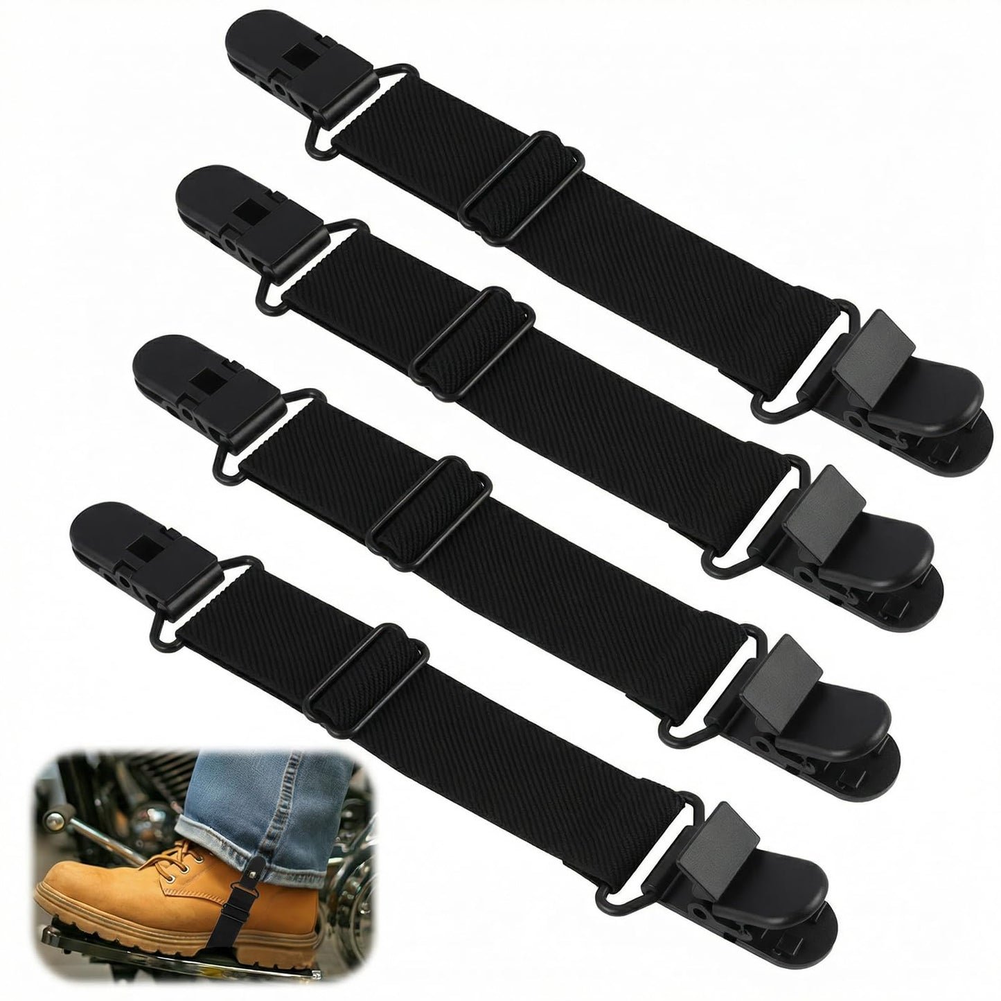 RJLCTH 4 Pcs Adjustable Motorcycle Boot Straps, Black Cowboy Boot Straps with Clips for Jeans, Mules Clogs Footbed Cork Platform Slipper Suede Leather Mules Shoes Potato Boot Sandals