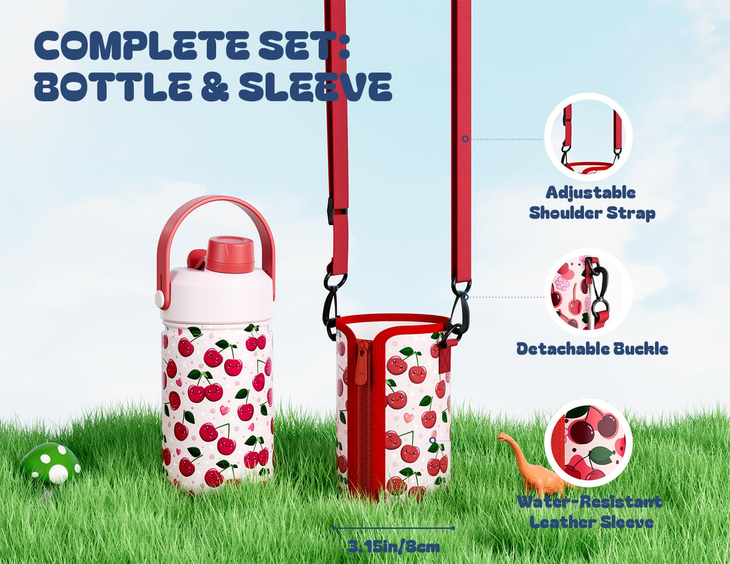 12 oz Kids Water Bottle for Girls: Leakproof, Durable Straw Spout Lid, 24H Cold, with Leather Sleeve, Easy Carry, Insulated Stainless Steel Cup for School, Travel, Camping, Daily (Giggly Cherry)