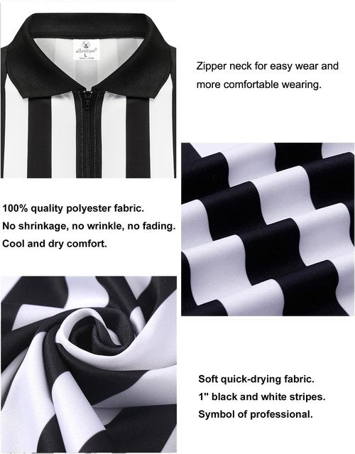allentian Referee Shirt for Men, Official Black & White Stripe Referee/Umpire Jersey, Pro-Style Zipper-Neck Referee Uniform, Basketball, Football, Soccer Ref Shirt (M)