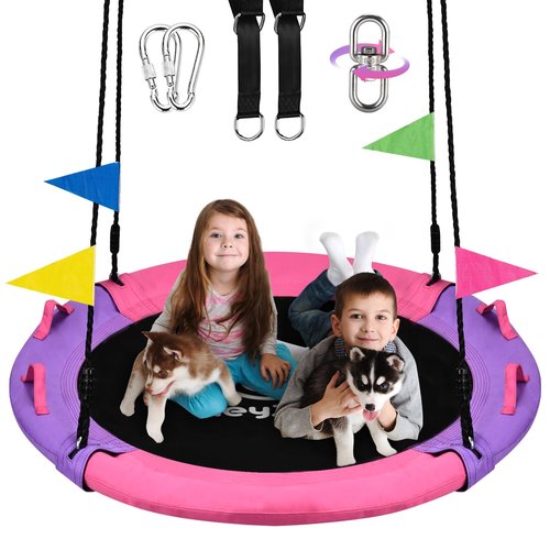HeyZoo Tree Swing, 43 Inch Saucer Swing Sets for Kids, Come with 360 Degree Swivel and Adjustable Hanging Strap, Pink and Purple