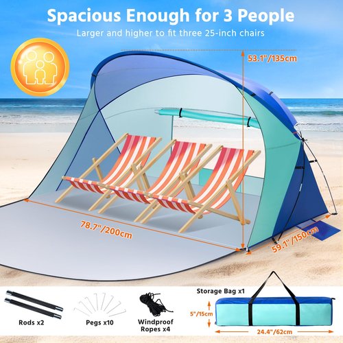 VXVGER Beach Tent Sun Shelter for 2 People, UV Protection Sunshade Portable Outdoor Canopy for Family Camping Traveling