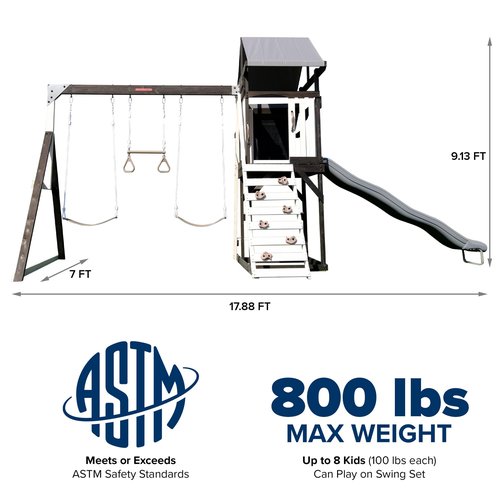 Sportspower Roswell Wooden Swing Set: Play Fort, Bench with Table, Sandbox, Trapeze, and 8' Slide - Black, Green and White