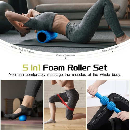 Krightlink 5-in-1 Foam Roller Set, Massage Roller Stick, Massage Ball, Resistance Band for Deep Muscle Massage, Trigger Point Release, Pilates, Yoga (Blue)
