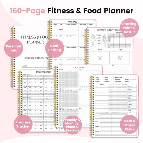 Fitness & Food Journal for Women, Undated 150-day Workout & Wellness Planner with Measuring Tape, Pink Weight Loss Journal for Setting Goals Tracking Exercise Training Diet Progress (9.5’’*7’’)