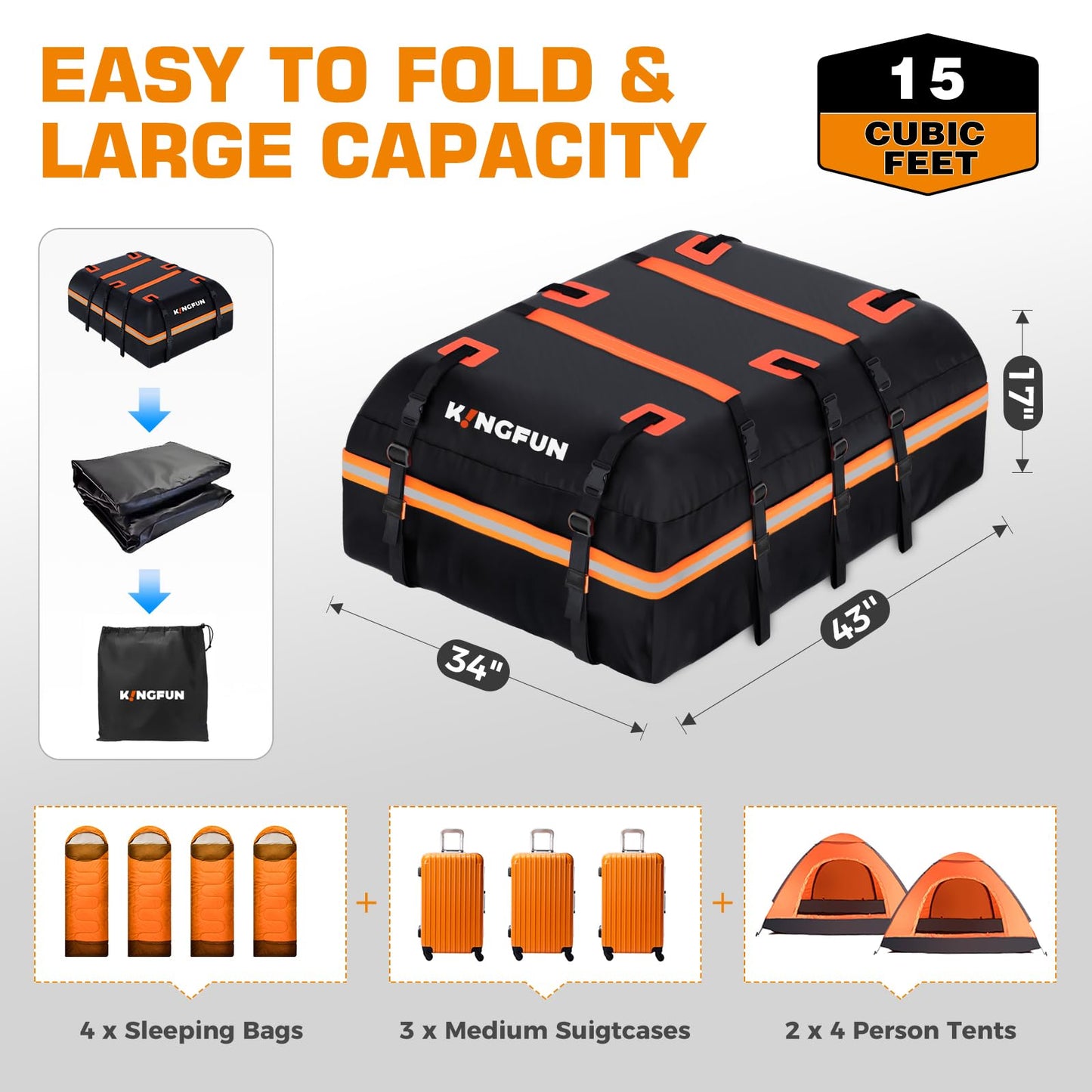 Kingfun Car Rooftop Cargo Carrier – Waterproof 15 Cubic Feet Car Roof Bag Fit All Vehicles with/Without Roof Racks, Includes Anti-Slip Mat, 8 Reinforced Straps & 6 Door Hooks, Luggage Locks