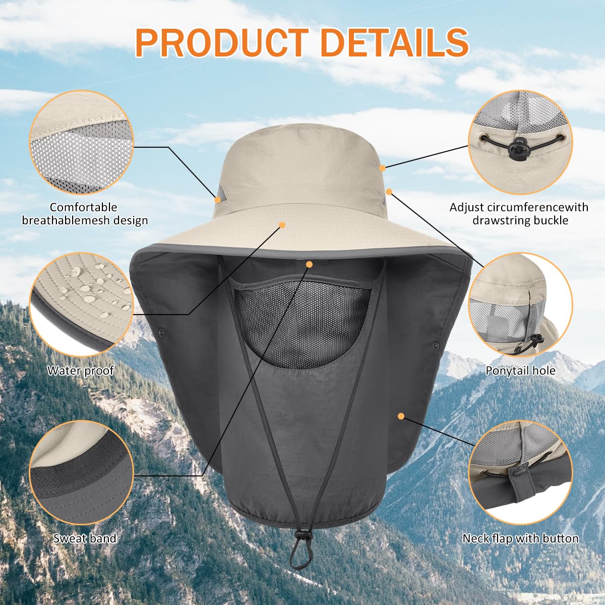 ZEXIAN Men&Women Wide Brim Fishing Ponytail Sun Hat with Removable Face and Neck Flap UPF 50+ UV Protection Safari Cap (US, Alpha, One Size, Khaki)