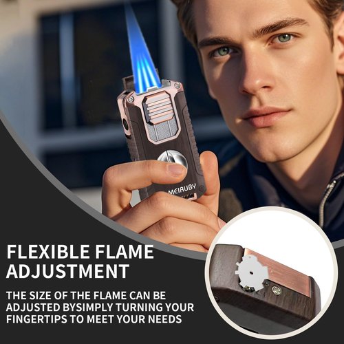 MEIRUBY 5-in-1 Butane Torch Lighter, Refillable Jet Flame Lighter with V-Cutter, Punch, Holder and Draw Tool, Multi-Functional Accessories Gift for Men, Dad, Husband, Friend