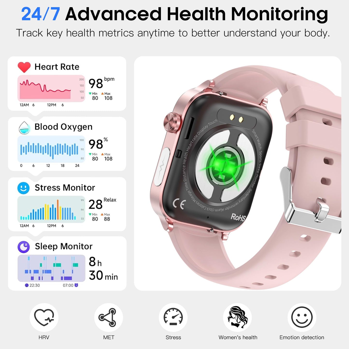 Yowow BIT Smart Watch for Men Women (Receive/Make Calls), 1.96" IPS Fitness Tracker, Heart Rate/Blood Oxygen/Blood Pressure/Sleep Monitor/20+ Sports Modes, Pedometer for Android iOS (Pink)