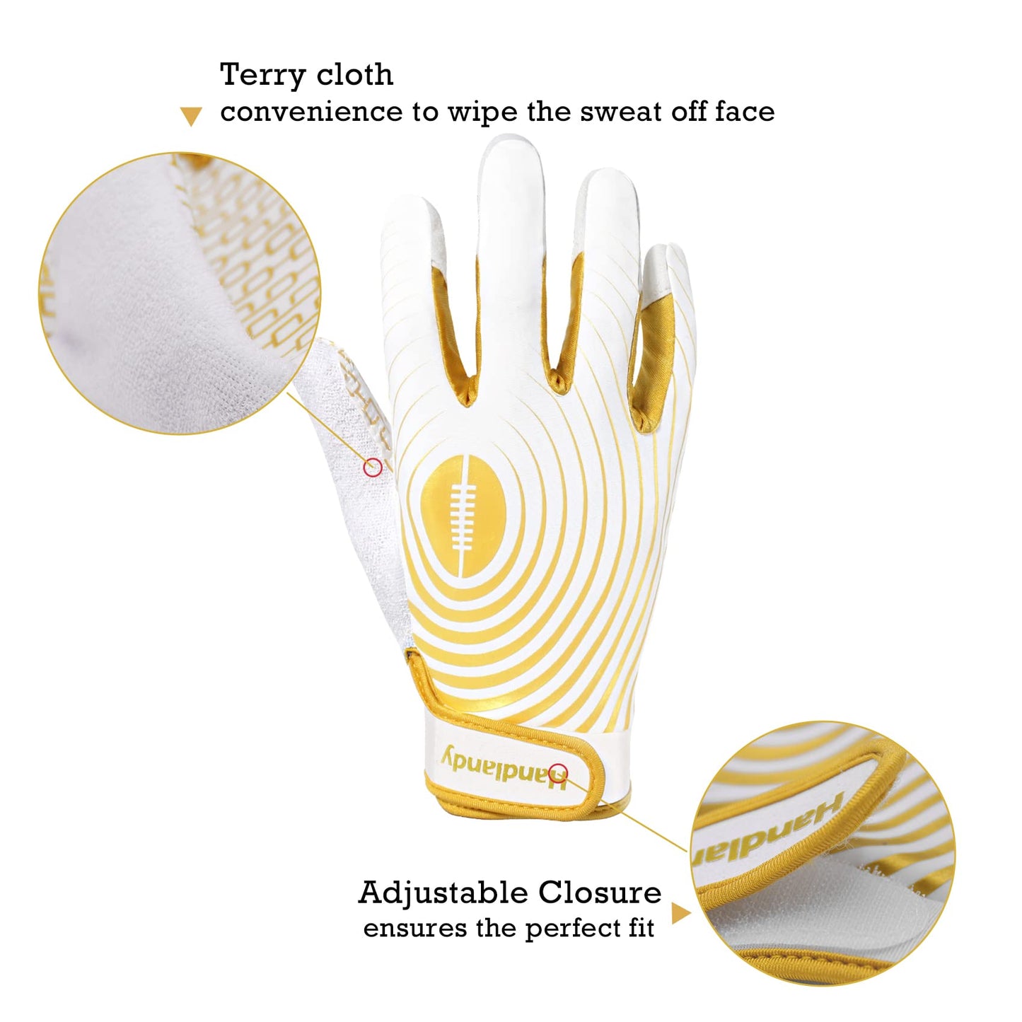 HANDLANDY Youth Football Gloves, Sticky Wide Receiver Gloves for Kids, White and Gold Stretch Fit Football Glove (White and Gold, Medium)