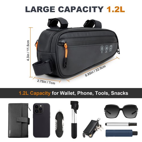 NDakter Bike Triangle Frame Bag, Bicycle Storage Pouch with 2 Side Pockets, 3-in-1 Top Tube Bags for Phone, Waterproof Cycling Tool Accessories Pack for MTB Mountain Road Bikes（1.2L）