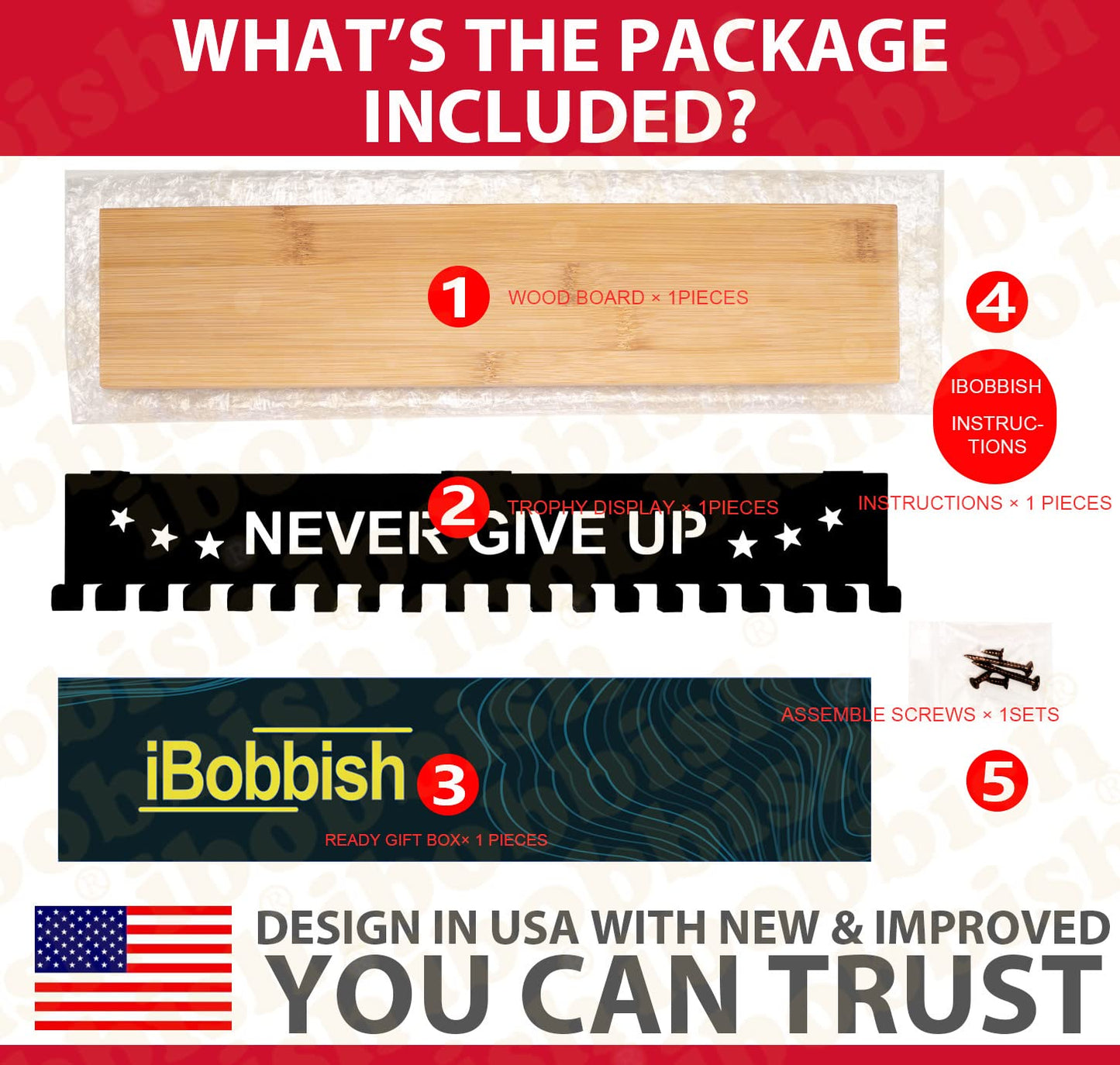 iBobbish Trophy and Medal Hanger Display Shelf, 16inchL, Metal 20 Hooks, Extra Large Bamboo Trophy Board, 33lbs Weight Capacity