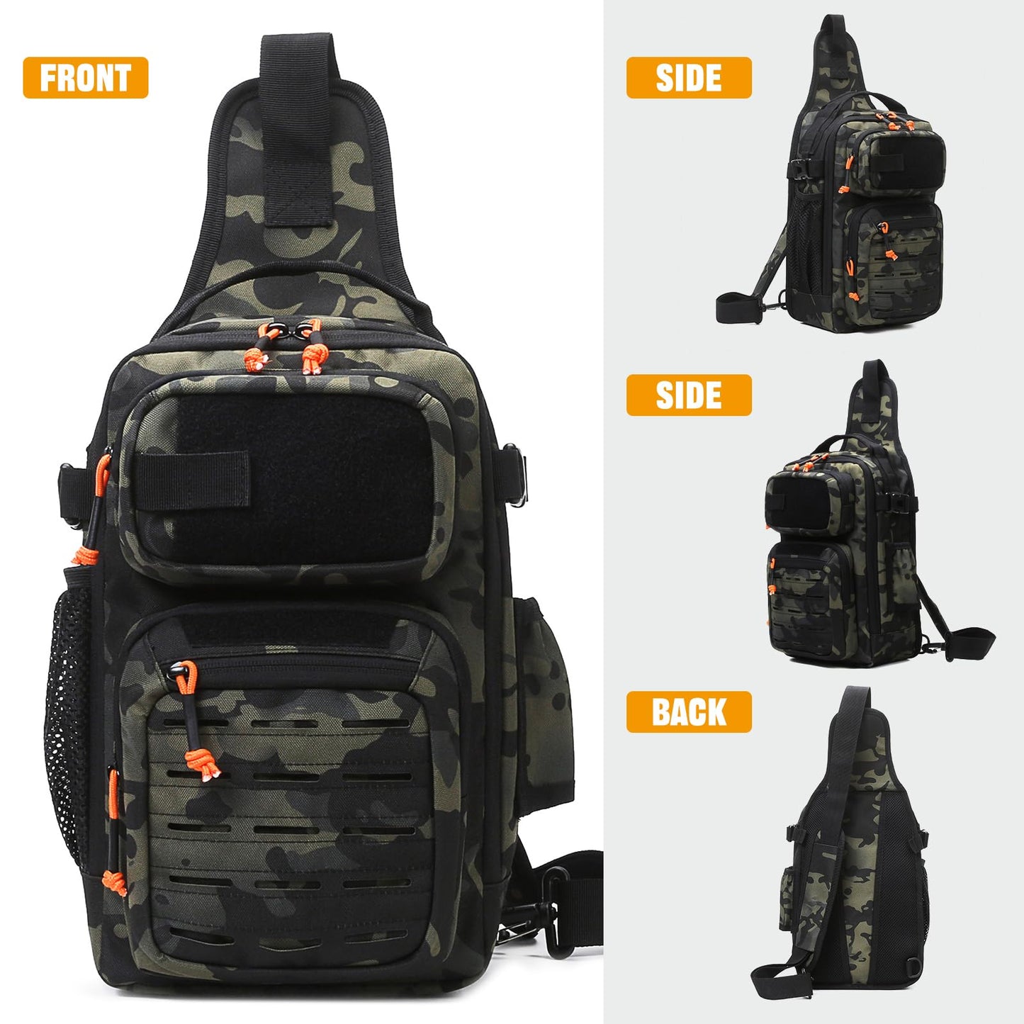 HUNTVP Fishing Sling Bag Lightweight Tackle Bag Small Fishing Backpack Tactical Shoulder Sling Bags with Rod Holder, Storage Gear and Equipment, Gifts for Men (Camo)
