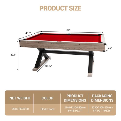 GarveeLife 7 FT Pool Table, Billiard Table with 2 Cue Sticks, Billiard Balls, Cues, Cleaning Brush, X-Legs, Black Cloth, Rustic Grey, 84" L x 46.5" W x 32.7" H