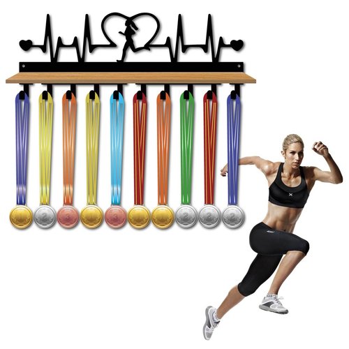 CREATCABIN Run Medal Trophy Display Shelf Heart Medal Hanger Display Shelf with Density Board Tray Wall Mount Hold 70+Medals Holder Hanger Metal Medal Organizer Rack for Running Awards 15.7x6x3.5Inch