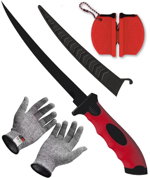 HOWORR Fishing Fillet Knife Set, 7 Inches Professional Stainless Steel Blade Filet Knife for Fish, with Sharpener and Cutting Resistant Gloves, Fishing Gear, Fishing Tool Set, Red