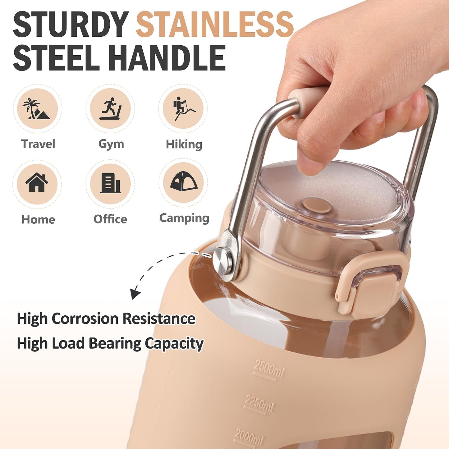 WINSA 84oz Glass Water Bottle with Stainless Steel Handle,2.4L Gallon Water Bottle with 2-IN-1 Straw Lid, Silicone Sleeve and Motivational Capacity Marker, Wide Mouth Water Jug For Gym, Workout, Amber