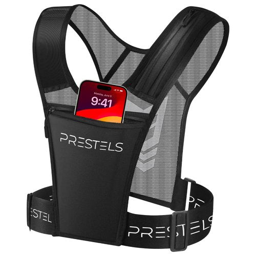 PRESTELS Running Vest Phone Holder - Reflective Running Vest for Men & Women - Adjustable & Breathable Design - Best Chest Pack Gear with Multiple Pockets for Phone, Water Bottle & Other Accessories