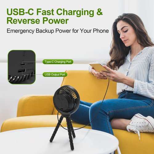 Lovegoo Rechargeable Golf Cart Fan, 10000mAh Battery for 55H Max Runtime, Portable Fan with Flexible Tripod, USB-C Charging, 3-Speed & Timer, Compatible with EZGO Club Car Yamaha