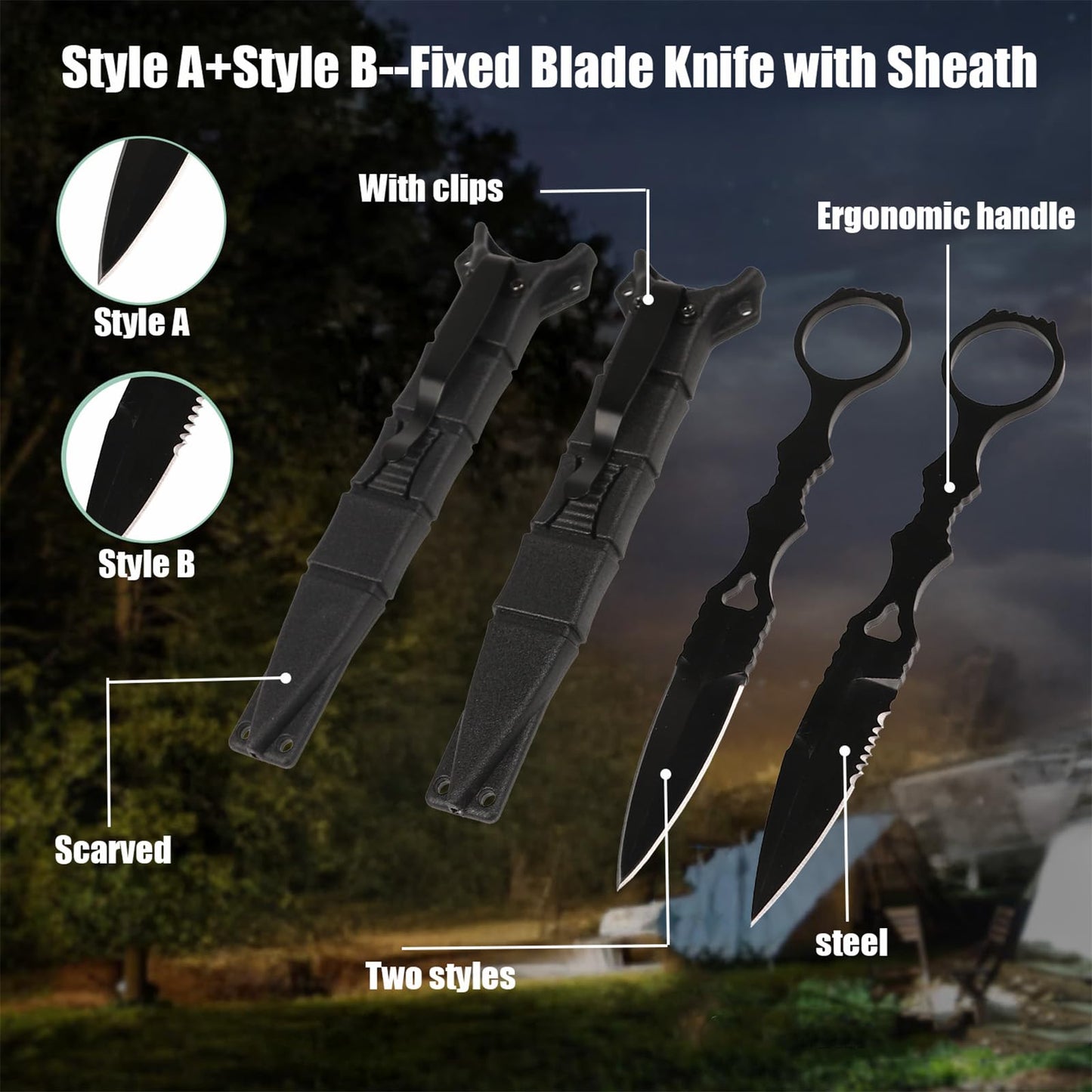 2Pcs Fixed Blade Knife With Sheath, Protable Fixed Blade Knife, With Cilp for Camping Hiking Fishing
