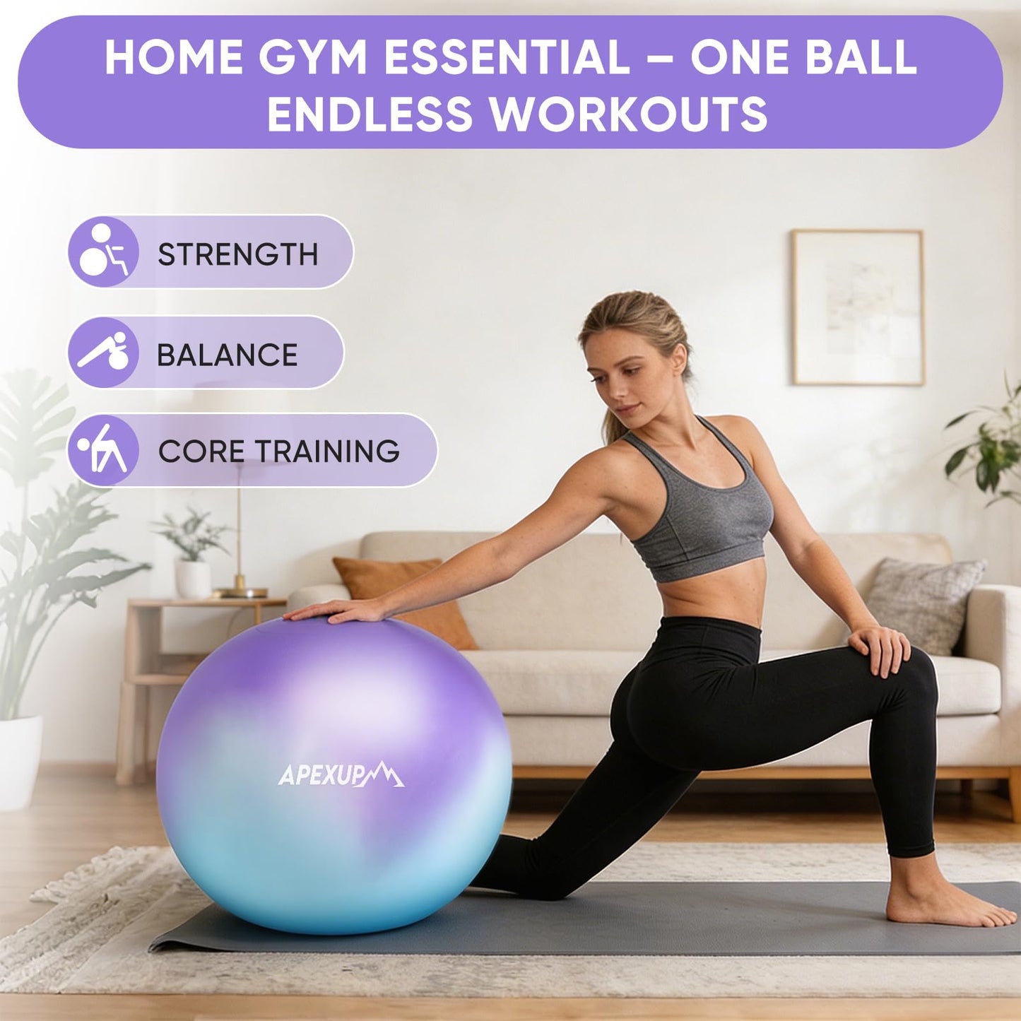 APEXUP Yoga Ball, 660 lbs Anti-Burst Exercise Ball with Pump, 5 Sizes (S (15"~18") 45cm, Blue Purple)