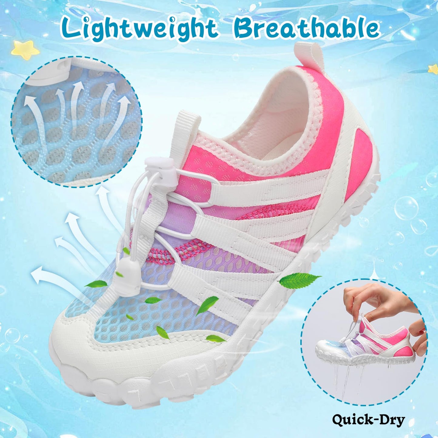 LeIsfIt Kids Water Shoes Boys Girls Wide Barefoot Swim Shoes Quick Dry Aqua Socks with Non-Slip Sole for Beach Pool Surf Hiking Colorful 2 Big Kid
