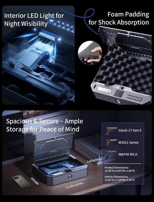 XEGIS SAFE World's 1st Palm Vein Biometric Gun Safe [0.09s Smart Unlock] [10X Military Anti-Pry/Drop] Handgun Pistol Safe with Keypad+Key Lock for Home Nightstand Bedside & Car - Space Grey
