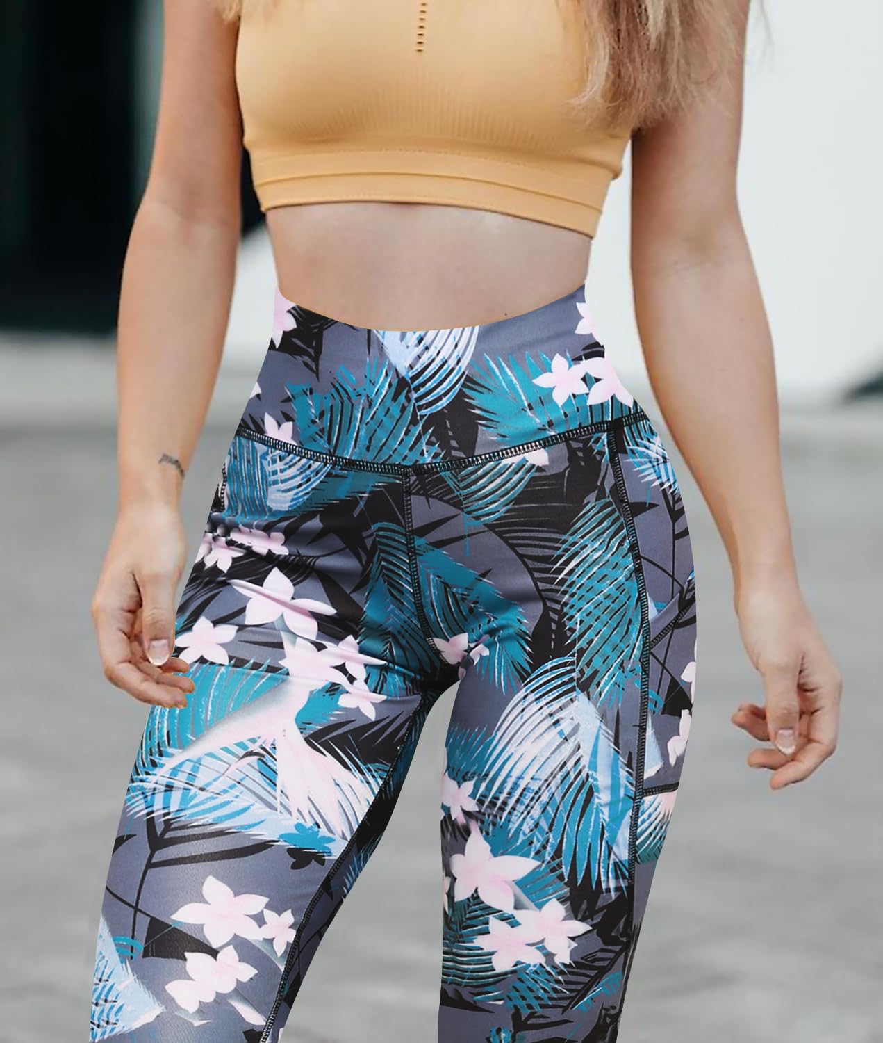 AGSWQ Capri Leggings with Pockets for Women High Waisted Workout Yoga Pants Running Tights Capri Floral L