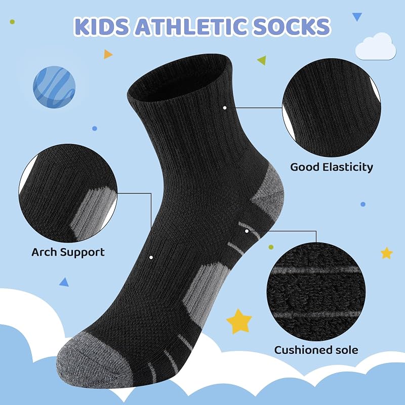 12 Pairs Boys Athletic Socks Cushioned Quarter Crew with Arch Support – Var: 12 Pairs Black, 7-10 Years