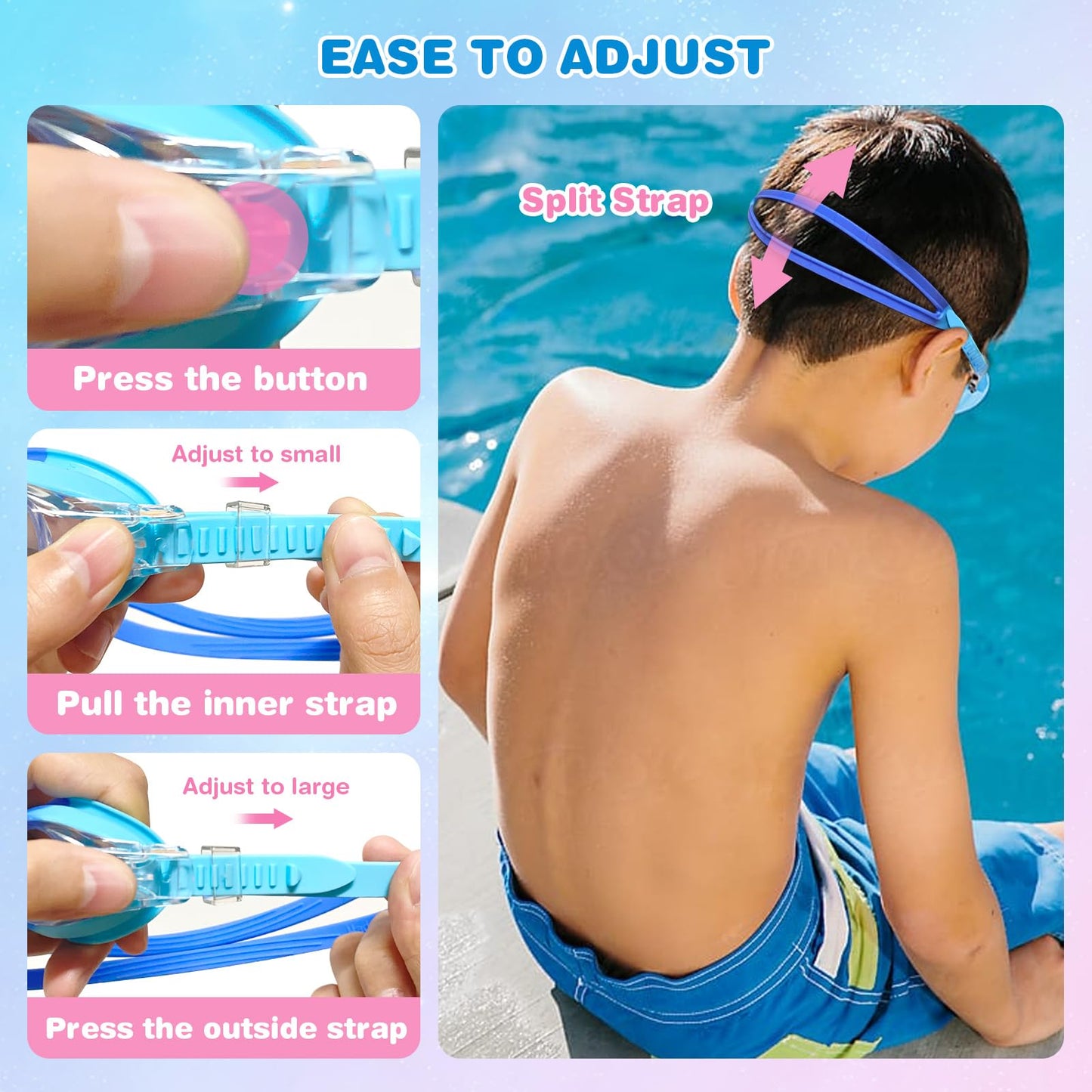 FOGULO 4 Pack Kids Swim Goggles 4-14, Anti-Fog Swimming Goggles with UV Protection and Adjustable Bungee Strap, Boy and Girl Waterproof Goggles with Nose Clips and Earplugs for Pool