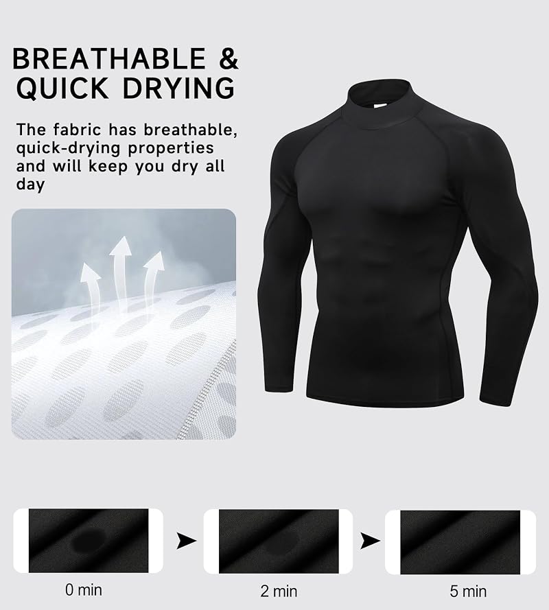 Men's Compression Long Sleeve Shirt - Base Layer Top for Running & Training - Black, Large