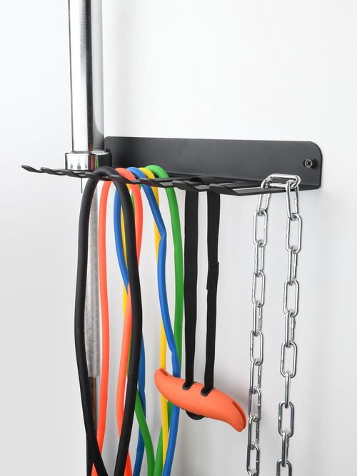Performance Seven Bars Holder Storage,Custom Powder Coated HEAVY-DUTY STEEL Mount Wall Rack Storage Rack,Weight Room Organizer with 8 Wall Hooks for Exercise Bands Jump Ropes Chains Lifting Belts